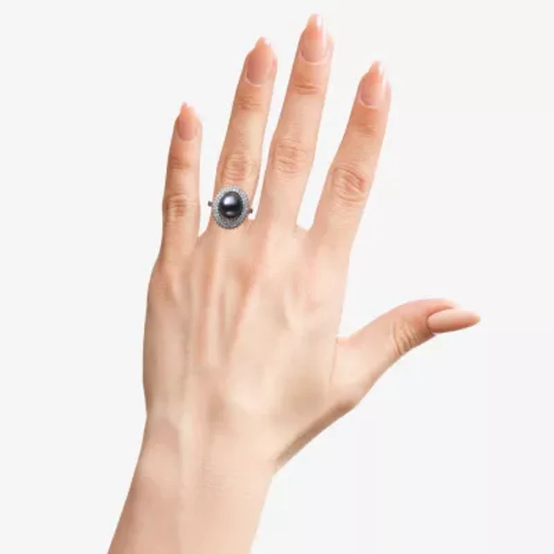 Womens 10-11MM Black Cultured Freshwater Pearl Sterling Silver Round Halo Cocktail Ring