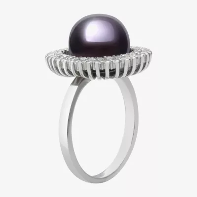 Womens 10-11MM Black Cultured Freshwater Pearl Sterling Silver Round Halo Cocktail Ring