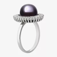 Womens 10-11MM Black Cultured Freshwater Pearl Sterling Silver Round Halo Cocktail Ring