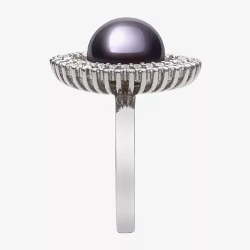 Womens 10-11MM Black Cultured Freshwater Pearl Sterling Silver Round Halo Cocktail Ring