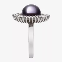 Womens 10-11MM Black Cultured Freshwater Pearl Sterling Silver Round Halo Cocktail Ring