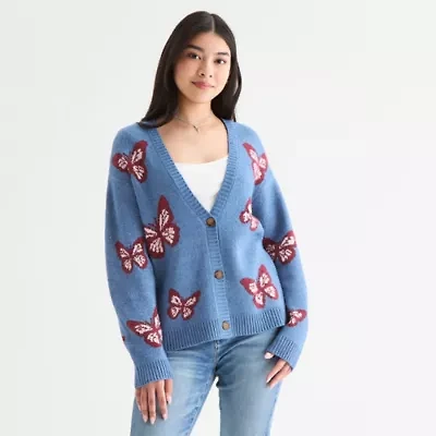 Self Esteem Juniors Womens V Neck Long Sleeve Button Animal Cardigan