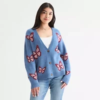 Self Esteem Juniors Womens V Neck Long Sleeve Button Animal Cardigan