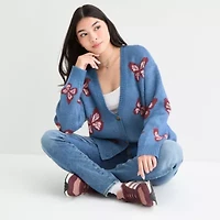 Self Esteem Juniors Womens V Neck Long Sleeve Button Animal Cardigan