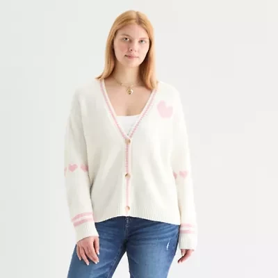 Self Esteem Juniors Womens V Neck Long Sleeve Button Hearts Cardigan