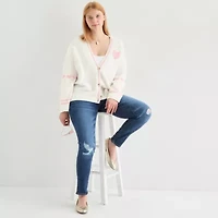 Self Esteem Juniors Womens V Neck Long Sleeve Button Hearts Cardigan