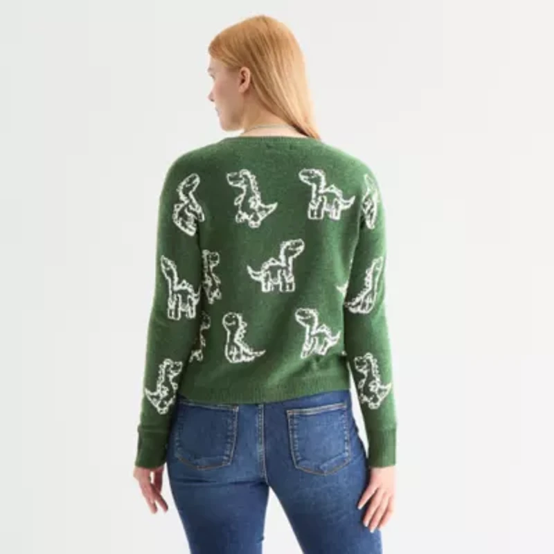 Self Esteem Juniors Womens Crew Neck Long Sleeve Animal Pullover Sweater