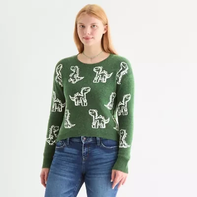 Self Esteem Juniors Womens Crew Neck Long Sleeve Animal Pullover Sweater