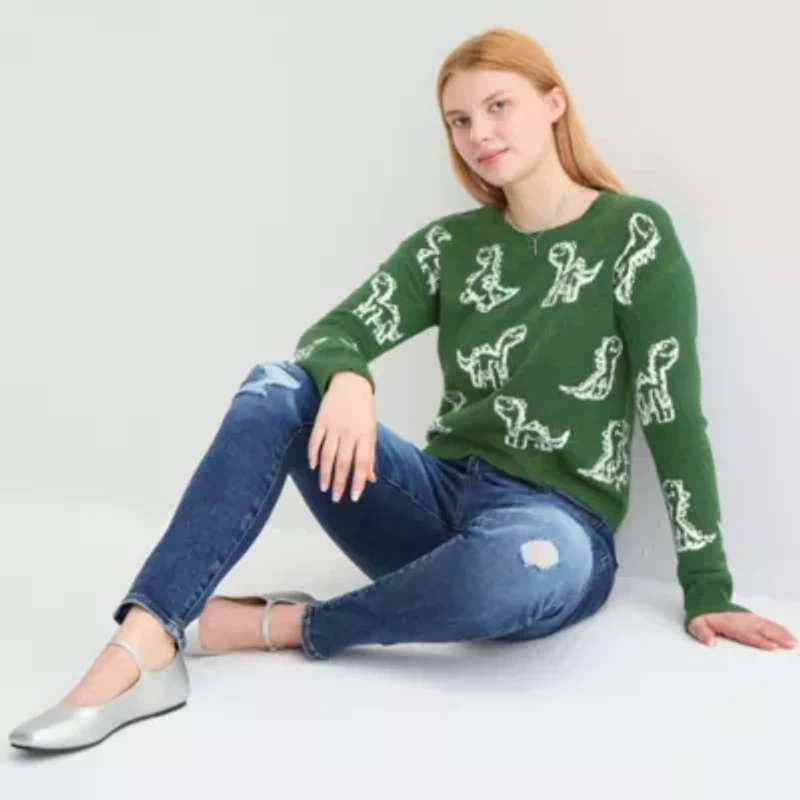Self Esteem Juniors Womens Crew Neck Long Sleeve Animal Pullover Sweater