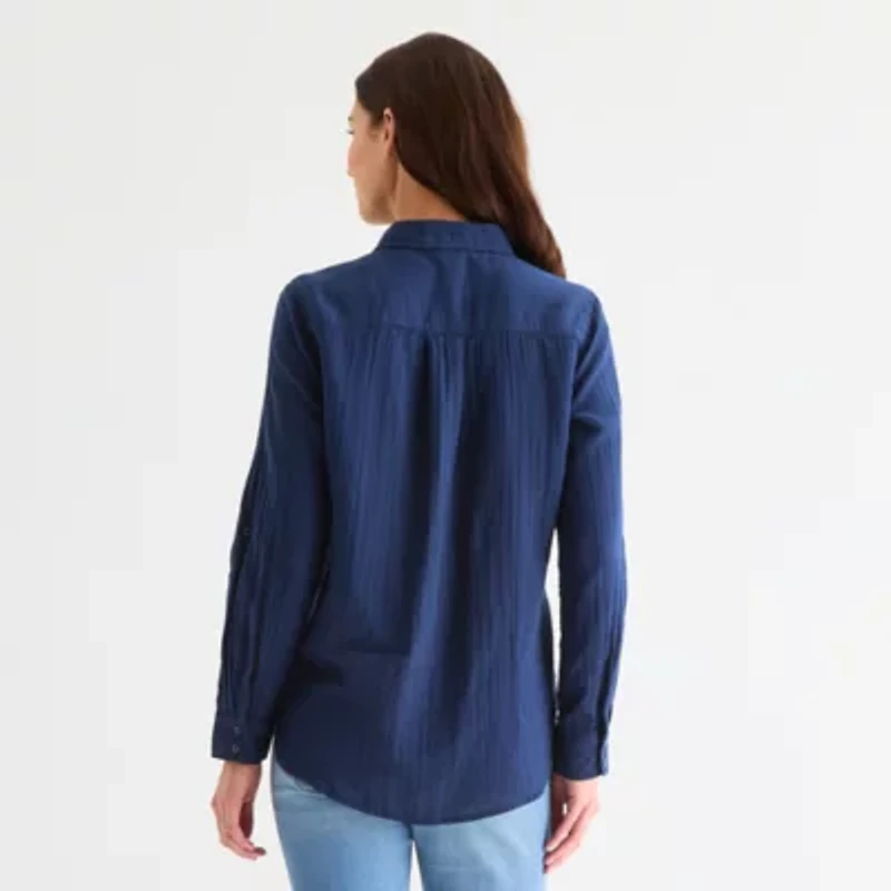 St. John's Bay Womens Long Sleeve Roll Tab Regular Fit Button-Down Shirt