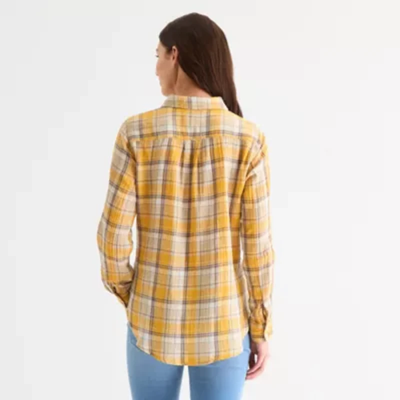 St. John's Bay Womens Roll Tab Sleeve Long Regular Fit Button-Down Shirt
