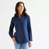 St. John's Bay Womens Long Sleeve Roll Tab Regular Fit Button-Down Shirt
