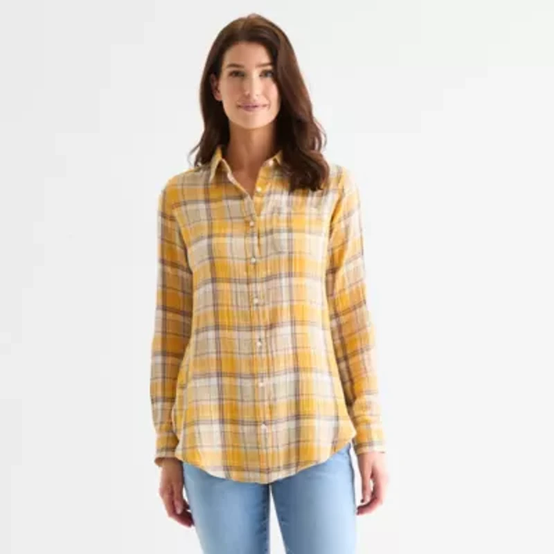 St. John's Bay Womens Roll Tab Sleeve Long Regular Fit Button-Down Shirt