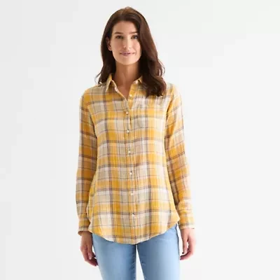 St. John's Bay Womens Roll Tab Sleeve Long Regular Fit Button-Down Shirt