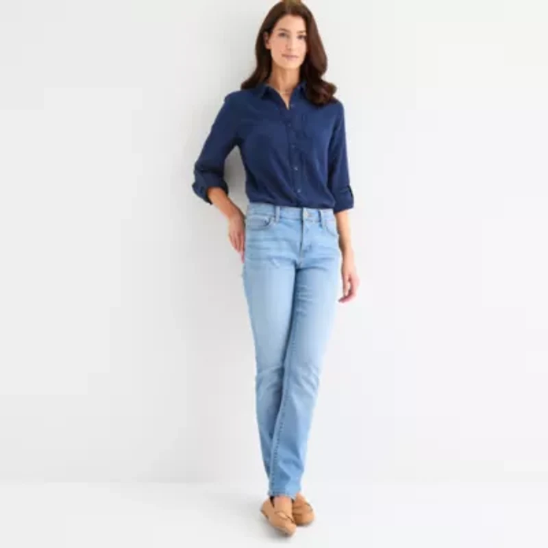 St. John's Bay Womens Long Sleeve Roll Tab Regular Fit Button-Down Shirt