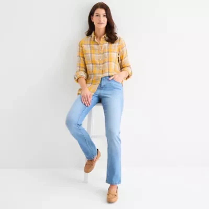 St. John's Bay Womens Roll Tab Sleeve Long Regular Fit Button-Down Shirt