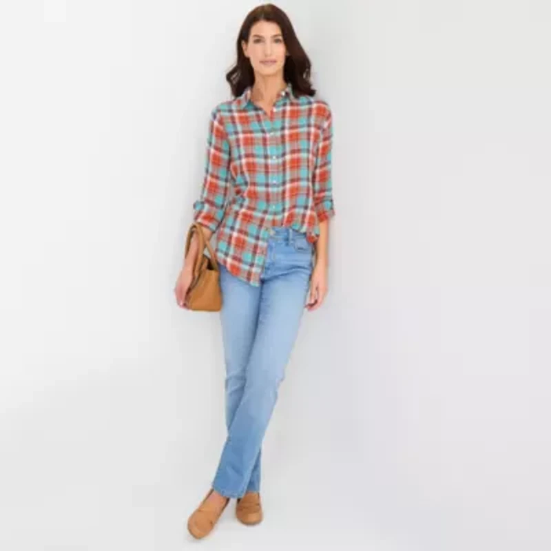 St. John's Bay Womens Roll Tab Long Sleeve Regular Fit Button-Down Shirt