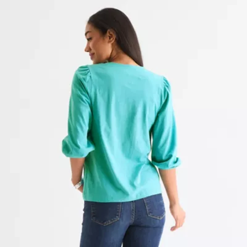 St. John's Bay Womens Square Neck 3/4 Sleeve Blouse