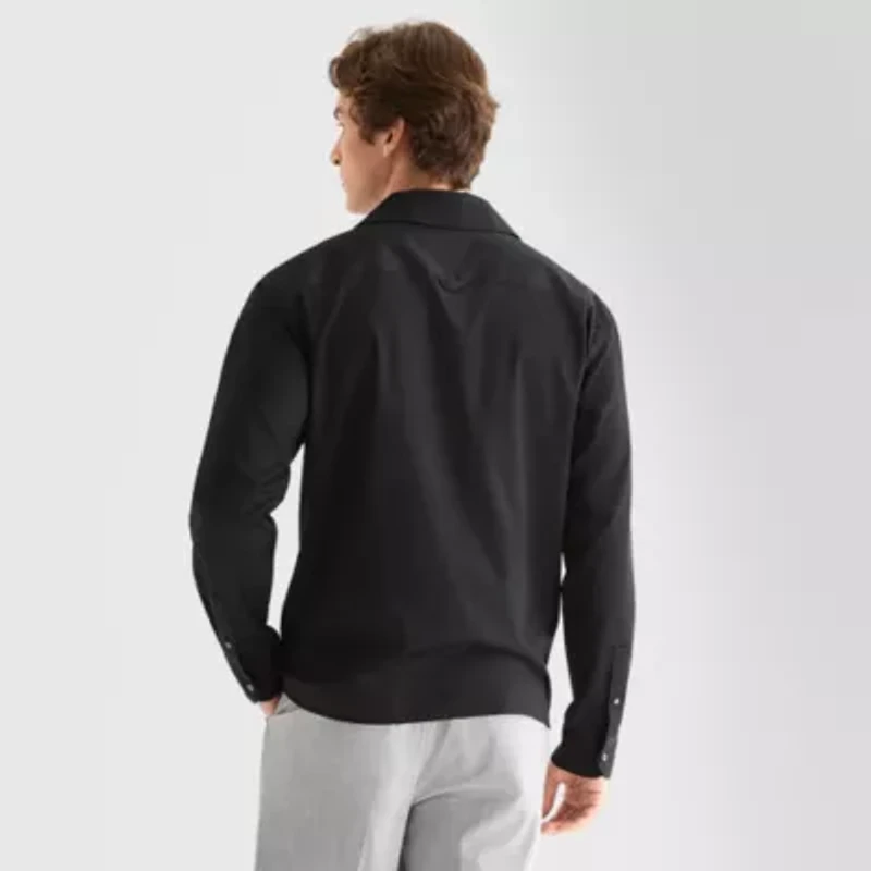 J. Ferrar Sateen Johnny Collar Popover Mens Relaxed Fit Long Sleeve Polo Shirt