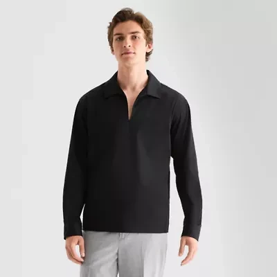 J. Ferrar Sateen Johnny Collar Popover Mens Relaxed Fit Long Sleeve Polo Shirt