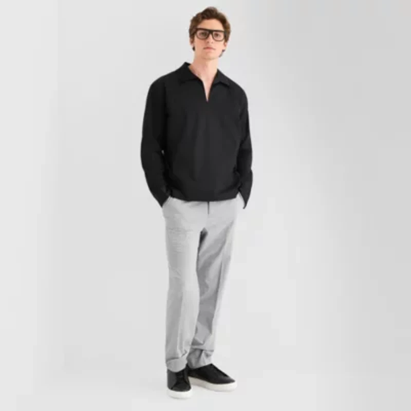 J. Ferrar Sateen Johnny Collar Popover Mens Relaxed Fit Long Sleeve Polo Shirt