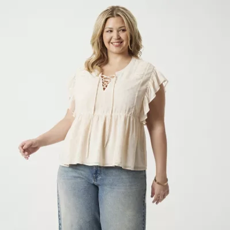 JS Jessica Simpson Womens Split Tie Neck Short Sleeve Plus Blouse