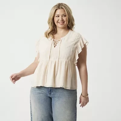 JS Jessica Simpson Womens Split Tie Neck Short Sleeve Plus Blouse