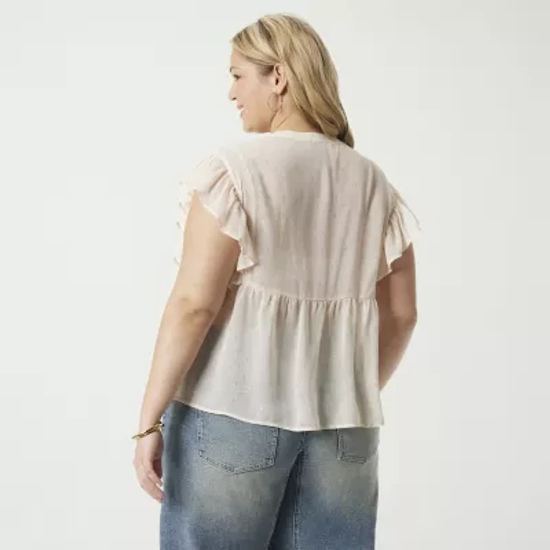 JS Jessica Simpson Womens Split Tie Neck Short Sleeve Plus Blouse