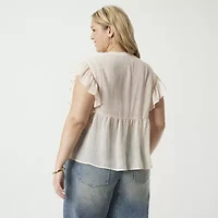 JS Jessica Simpson Womens Split Tie Neck Short Sleeve Plus Blouse