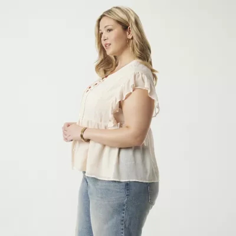 JS Jessica Simpson Womens Split Tie Neck Short Sleeve Plus Blouse