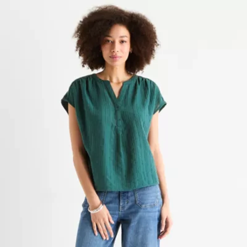 a.n.a Embroidered Womens Split Crew Neck Short Sleeve Blouse