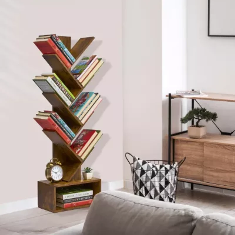 Sorbus 7-Tier Zigzag Tree Bookcase Shelf with Baskets