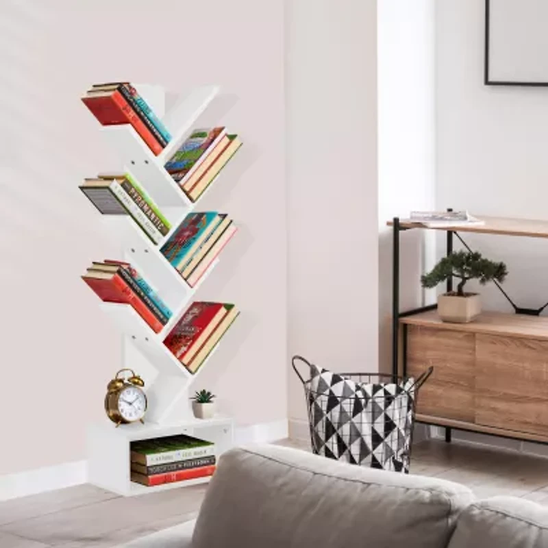 Sorbus 7-Tier Zigzag Tree Bookcase Shelf with Baskets