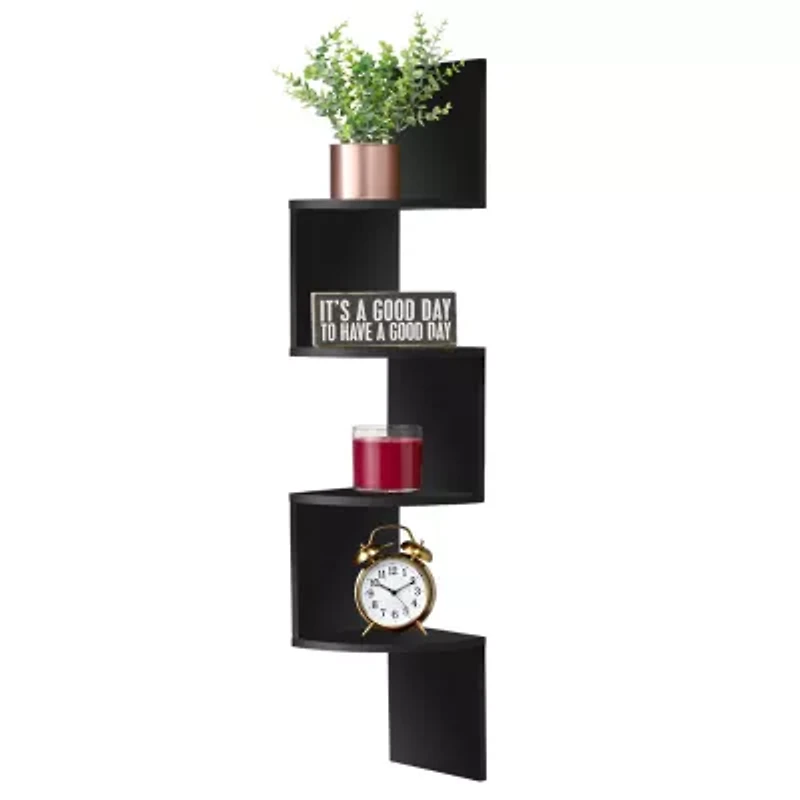 Sorbus Zig Zag Floating Corner Book 5-Shelf with Baskets