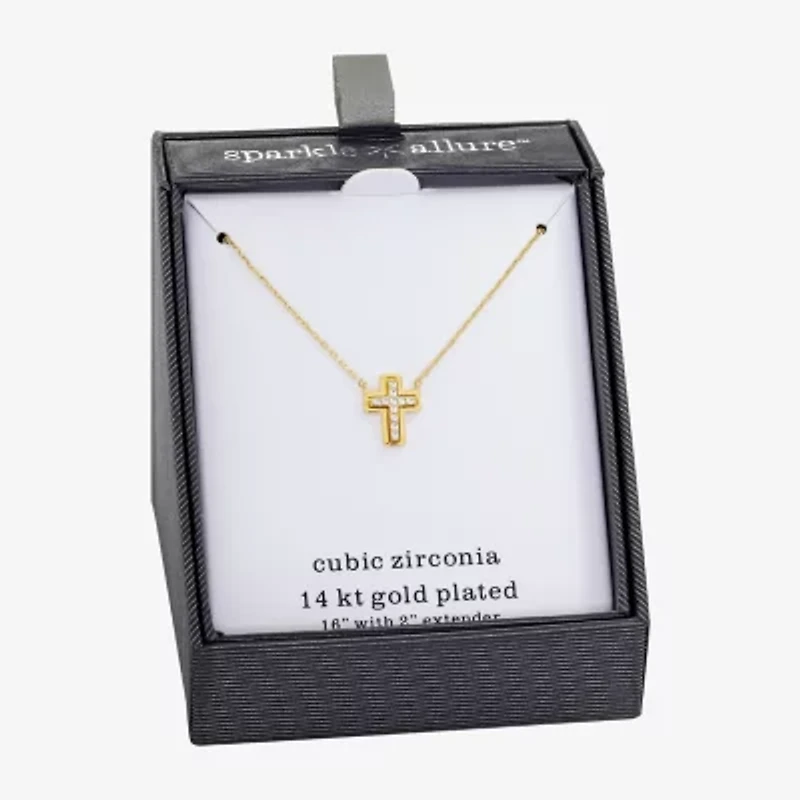 Sparkle Allure Womens Cubic Zirconia 14K Gold Over Brass Cross 16 Inch Pendant Necklace