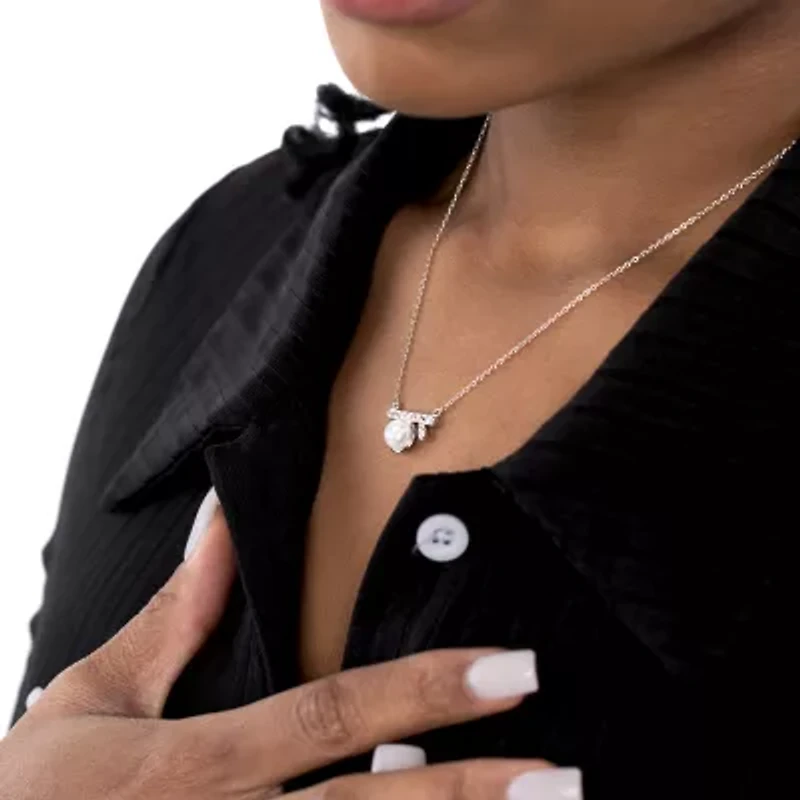 Silver Treasures Womens White Simulated Pearl Sterling Silver Bar 18 Inch Pendant Necklace
