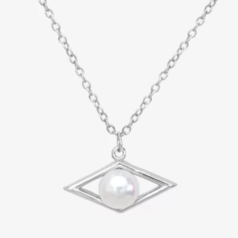 Silver Treasures Womens White Simulated Pearl Sterling Silver Diamond 18 Inch Pendant Necklace