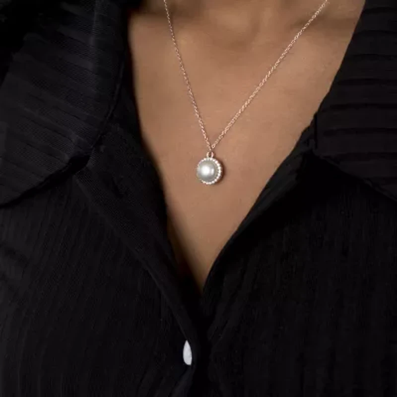 Silver Treasures Womens White Simulated Pearl Sterling Silver Round 18 Inch Pendant Necklace