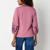 St. John's Bay Womens Split Crew Neck 3/4 Sleeve Embroidered Blouse