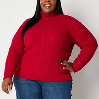 St. John's Bay Plus Womens Turtleneck Long Sleeve Cable Knit Pullover Sweater