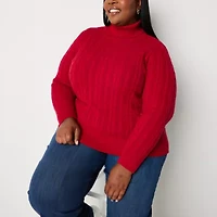 St. John's Bay Plus Womens Turtleneck Long Sleeve Cable Knit Pullover Sweater