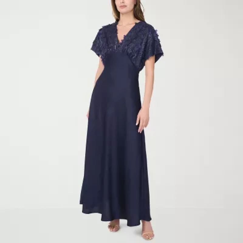 CeCe Satin Womens Applique Short Sleeve Floral Evening Gown