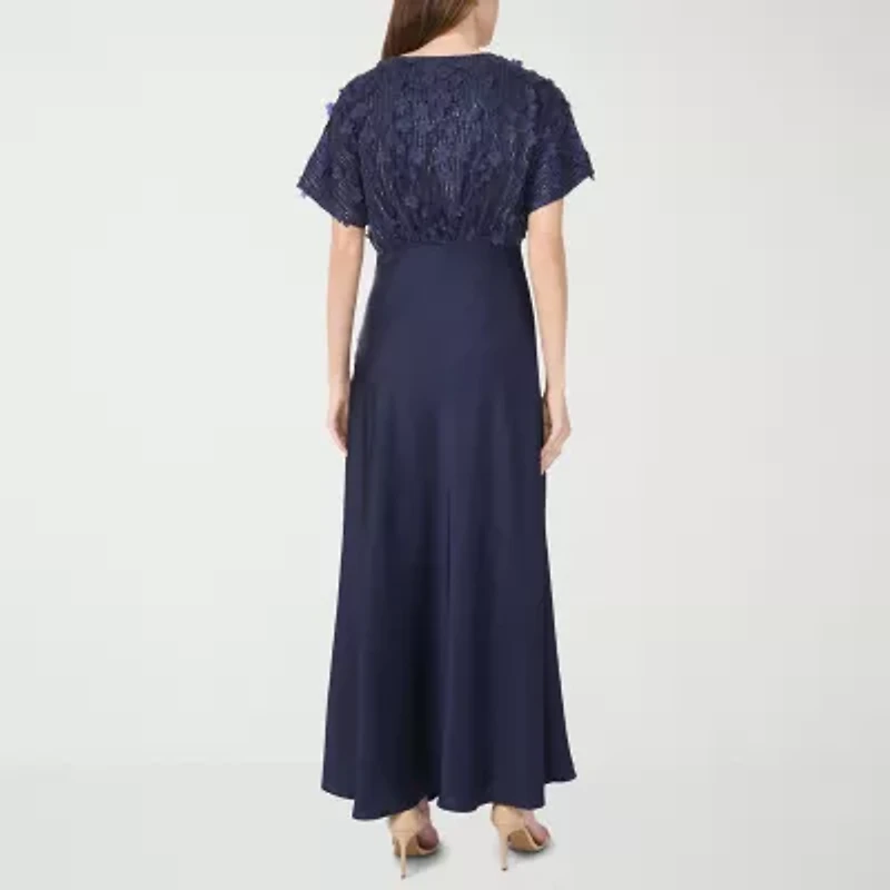 CeCe Satin Womens Applique Short Sleeve Floral Evening Gown