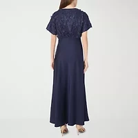 CeCe Satin Womens Applique Short Sleeve Floral Evening Gown