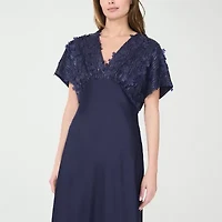 CeCe Satin Womens Applique Short Sleeve Floral Evening Gown