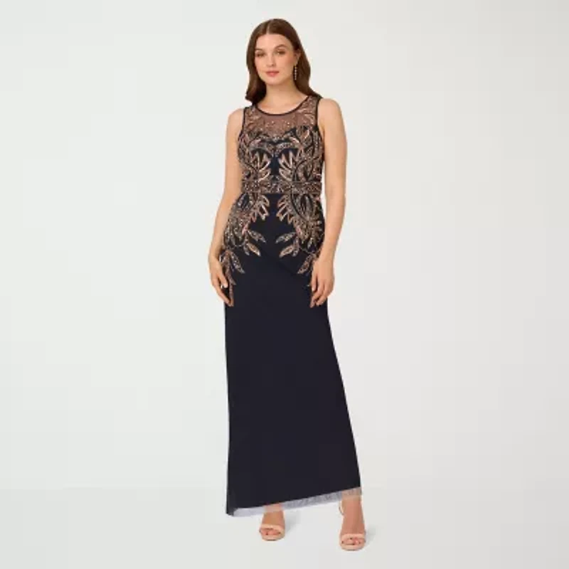Papell Boutique Womens Beaded Embellished Sleeveless Evening Gown