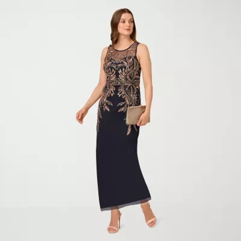 Papell Boutique Womens Beaded Embellished Sleeveless Evening Gown