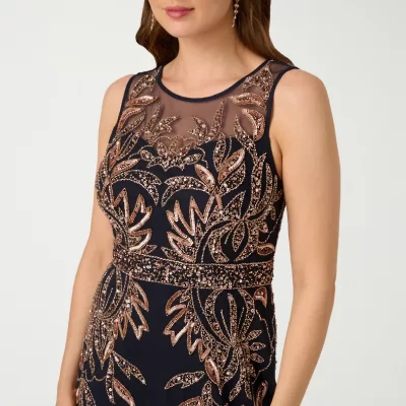 Papell Boutique Womens Beaded Embellished Sleeveless Evening Gown