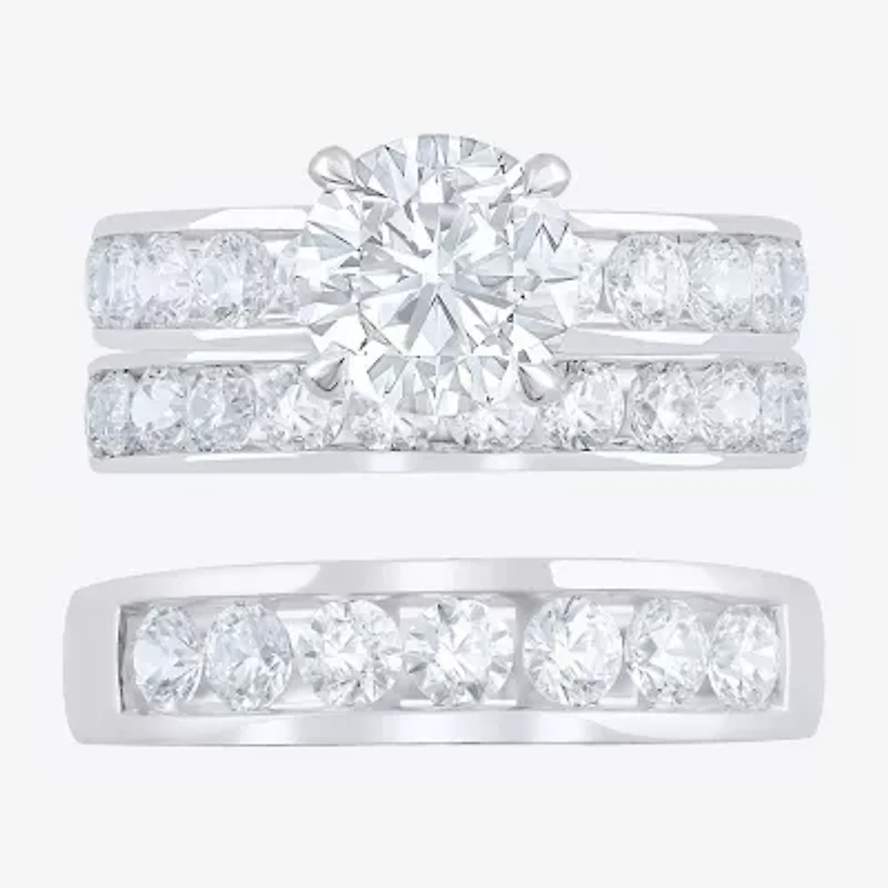 (F / Vs2) Unisex Adult 5 CT. T.W. Lab Grown White Diamond 10K Gold Round Side Stone Bridal Set