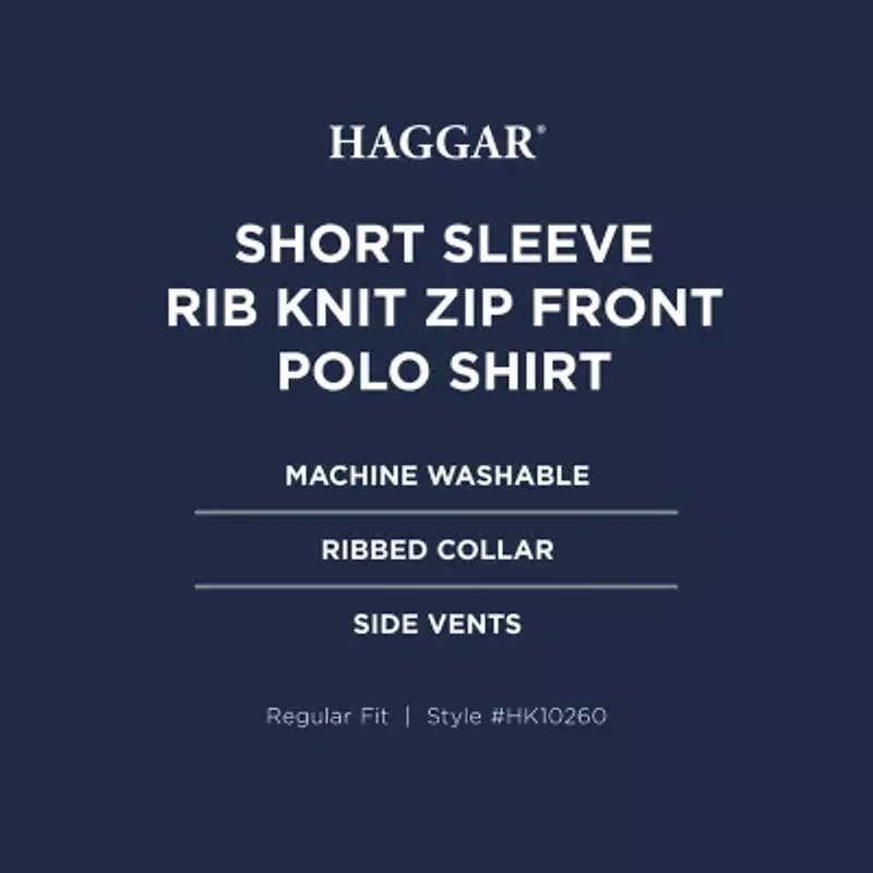 Haggar Rib Knit Zip Front Mens Regular Fit Short Sleeve Polo Shirt